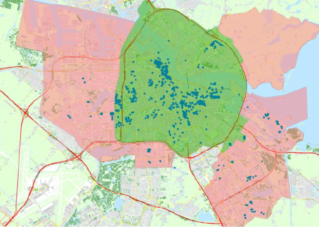 Plattegrond van Amsterdam met groen aangegeven het werkgebied van de Key.